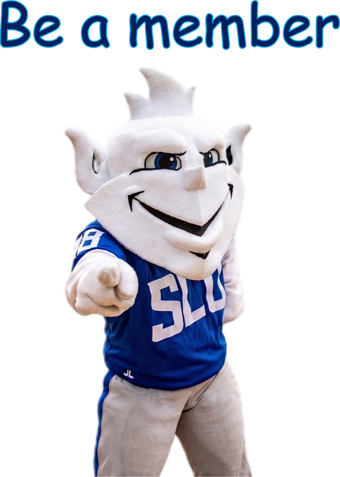 The Saint Louis University Billiken mascot pointing, above the words “Be a member”